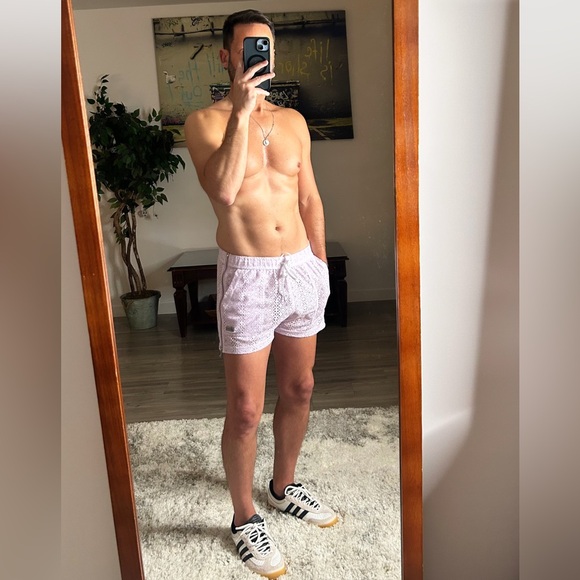 Andrew Christian | Miami Cabana Boy Art Deco 3" Zip Shorts Lavender Sparkle (L) - Picture 14 of 16